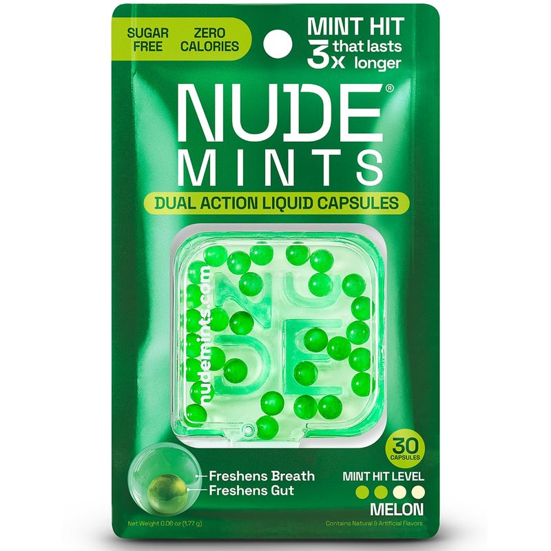 NUDE MINTS Double Action Liquid Capsules Mouth Watering Mint Lasts 3x Longer 3x Stronger Extreme Bad Breath Solution For Adults Sugar Free 0 Calorie Melon 10 Pack 300 Capsules